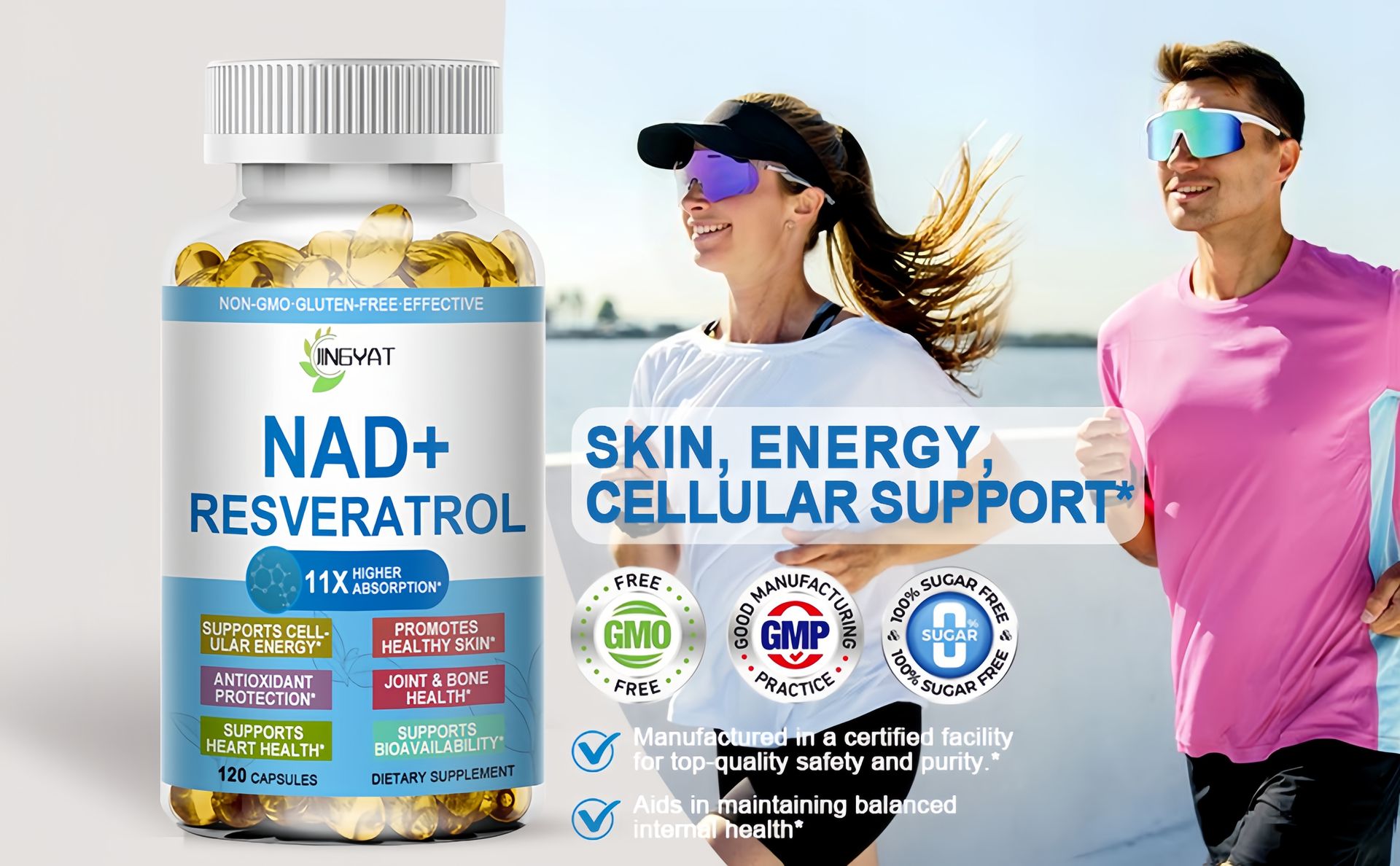 11-in-1 NAD Supplement with Resveratrol, CoQ10, Quercetin, Collagen, Grape Seed for Cellular Energy, Mental Focus & Antioxidant Support - NAD Supplement for Women & Men, 120 Soft Capsules