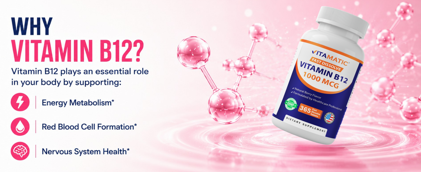 Vitamatic Vitamin B12 1000 mcg, 365 Fast Dissolve Tablets, Made in USA