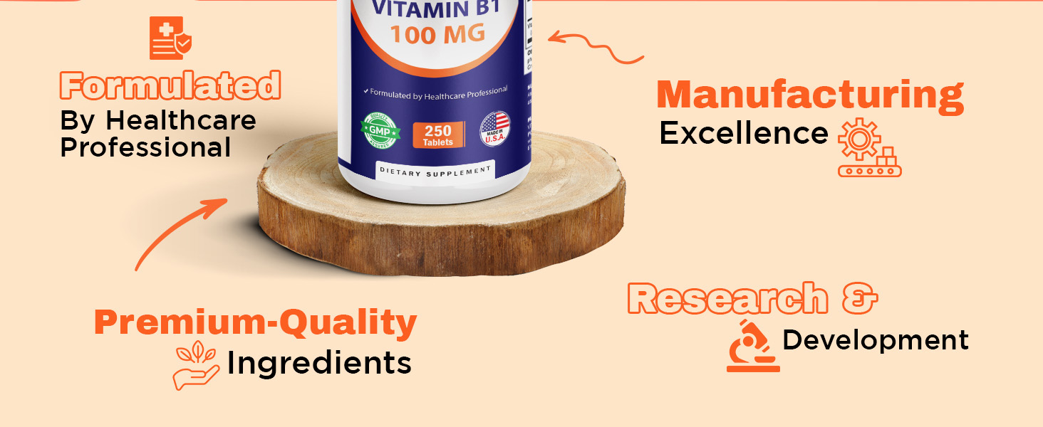 Vitamatic Vitamin B1 100 mg, 250 Tablets, Non-GMO, Thiamine