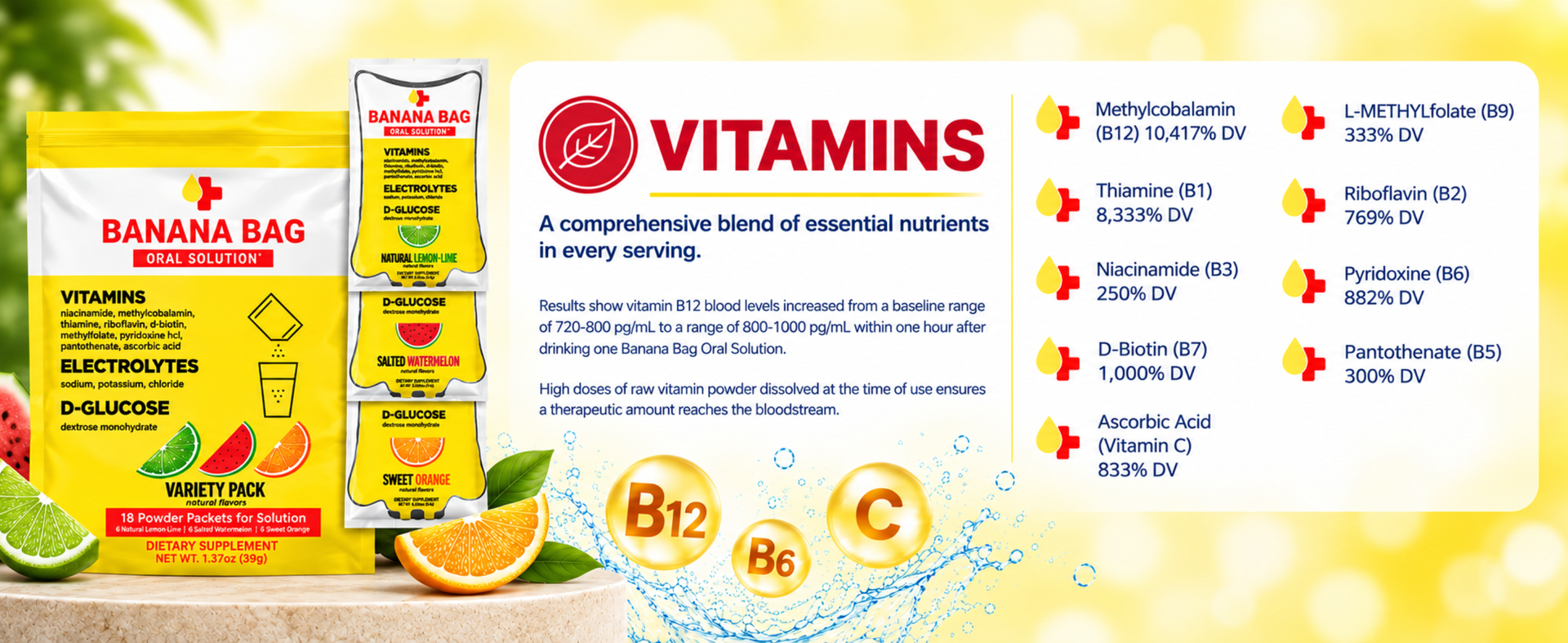 Banana Bag Electrolytes Vitamin Powder Drink Mix, Salted Watermelon 15 Pk