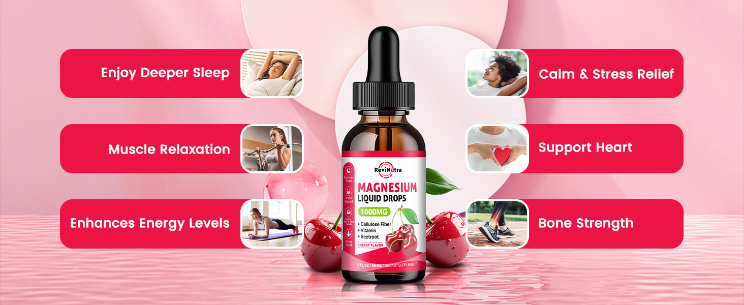 Magnesium Glycinate Liquid Drops, 1000mg Magnesium Glycinate, Citrate & Taurate with Fiber, Beetroot, Vitamin B & C for Sleep, Calm, Muscle, Energy & Relaxation, 2 Fl Oz, Sugar-Free Cherry Flavor
