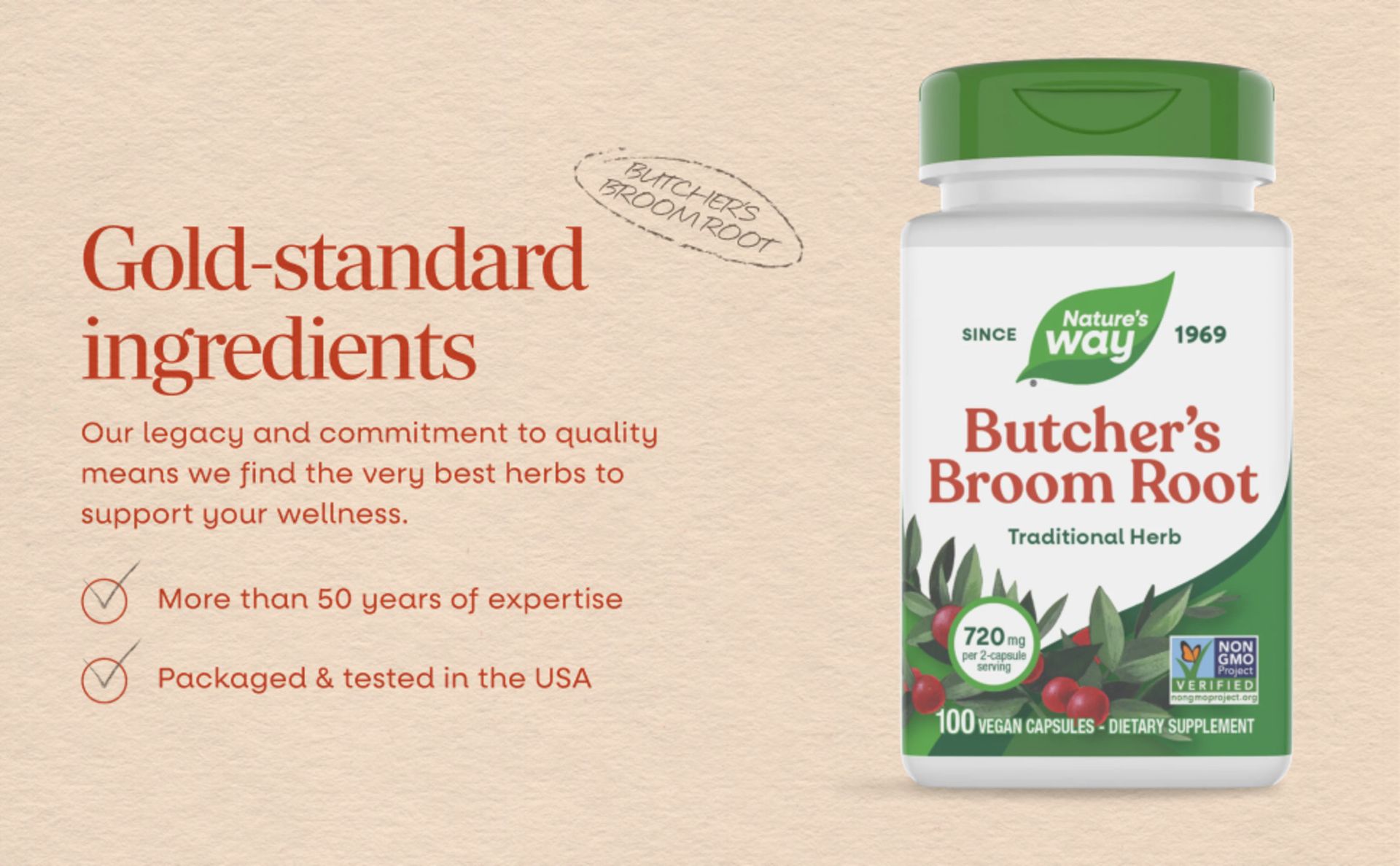 Nature's Way Butcher's Broom Root, Vegan, Non-GMO Project Verified, 100 ct