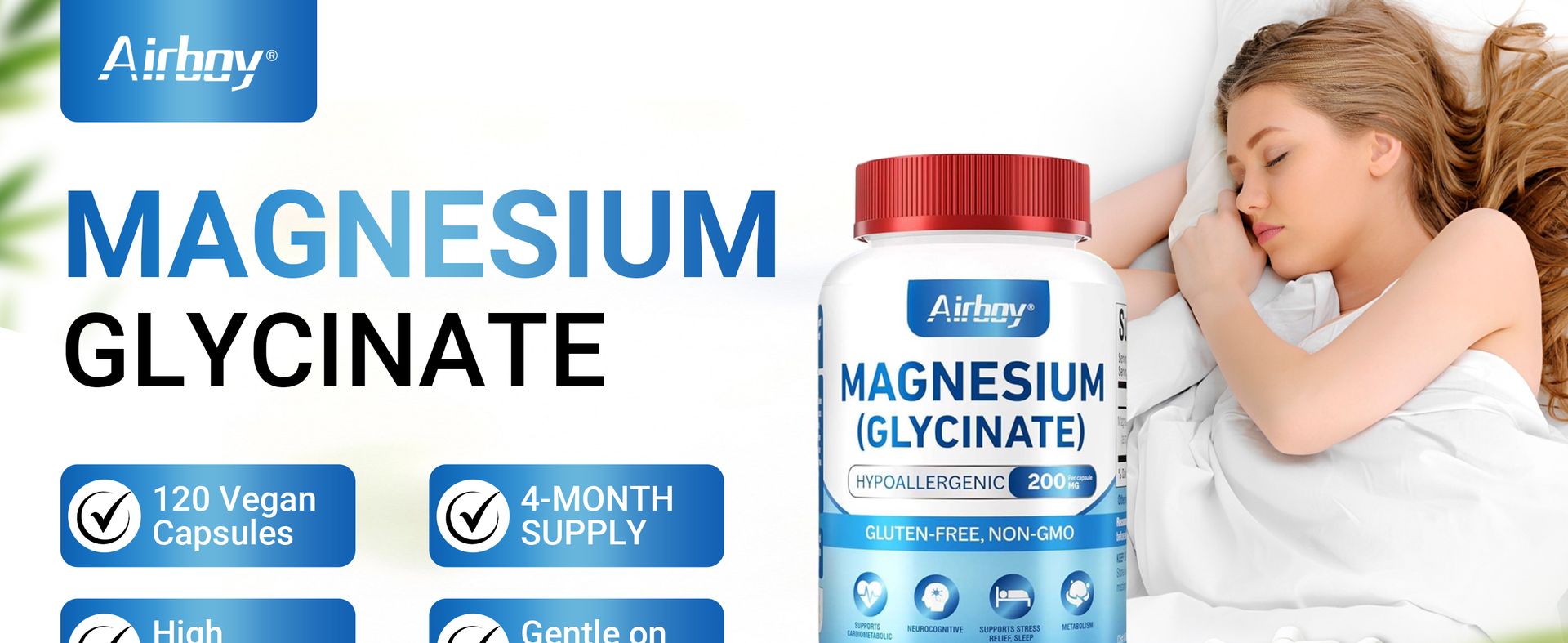 Airboy Magnesium Glycinate 200 mg, Best Magnesium Glycinate for Sleep,120 Vegan Small Capsules, High Absorption Support Relaxation, Sleep and Calm Mood,Non-GMO and No Gluten