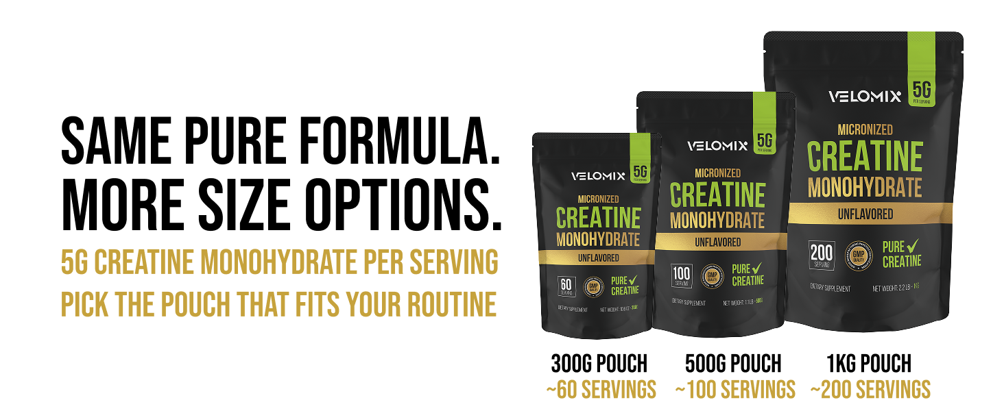 VELOMIX Micronized Creatine Monohydrate Powder - 100% Pure Creatine Powder Unflavored and Easy to Mix | Supports Muscle Growth, Recovery, and Strength | 5000mg Per Serv (5g) - 60 Servings