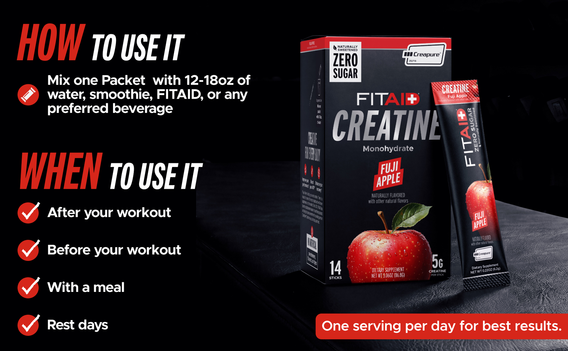 FITAID Creatine Powder, CreaPure Fuji Apple (14 Stick Packs)