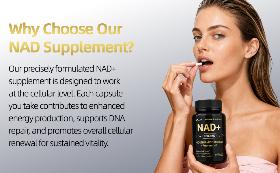 NAD Supplement 1600mg, NAD+ with Resveratrol & Nicotinamide Riboside, Anti-Aging Support, Cellular Energy & Mental Clarity Support, Vegan Non-GMO, 120 Capsules