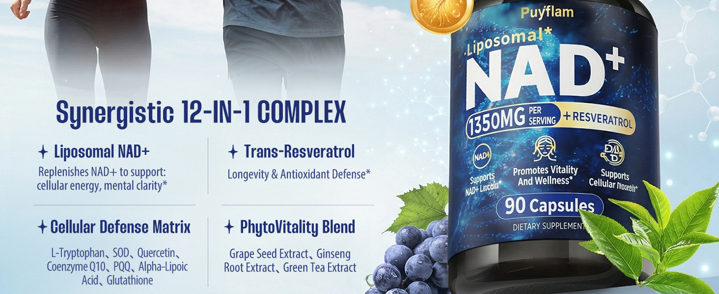 NAD Supplement, 12-in-1 Liposomal NAD+ Plus with Trans-Resveratrol, CoQ10, PQQ & Alpha Lipoic Acid, Healthy Aging & Cellular Wellness Support for Women and Men, NMN & NMNH Alternative, 90 Caps