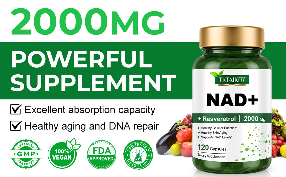 TKTALKER NAD Supplement 2000 Mg - 120 Capsules True NAD & Resveratrol