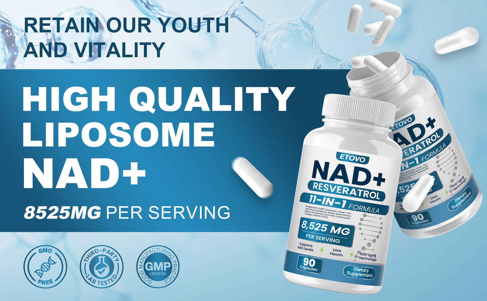 NAD+ Supplement, 8525 mg Liposomal NAD Resveratrol Supplement for Women and Men with Coptisine Quercetin Curcumin Supports Cellular Health, Energy & Healthy Anti-Aging 180 Counts