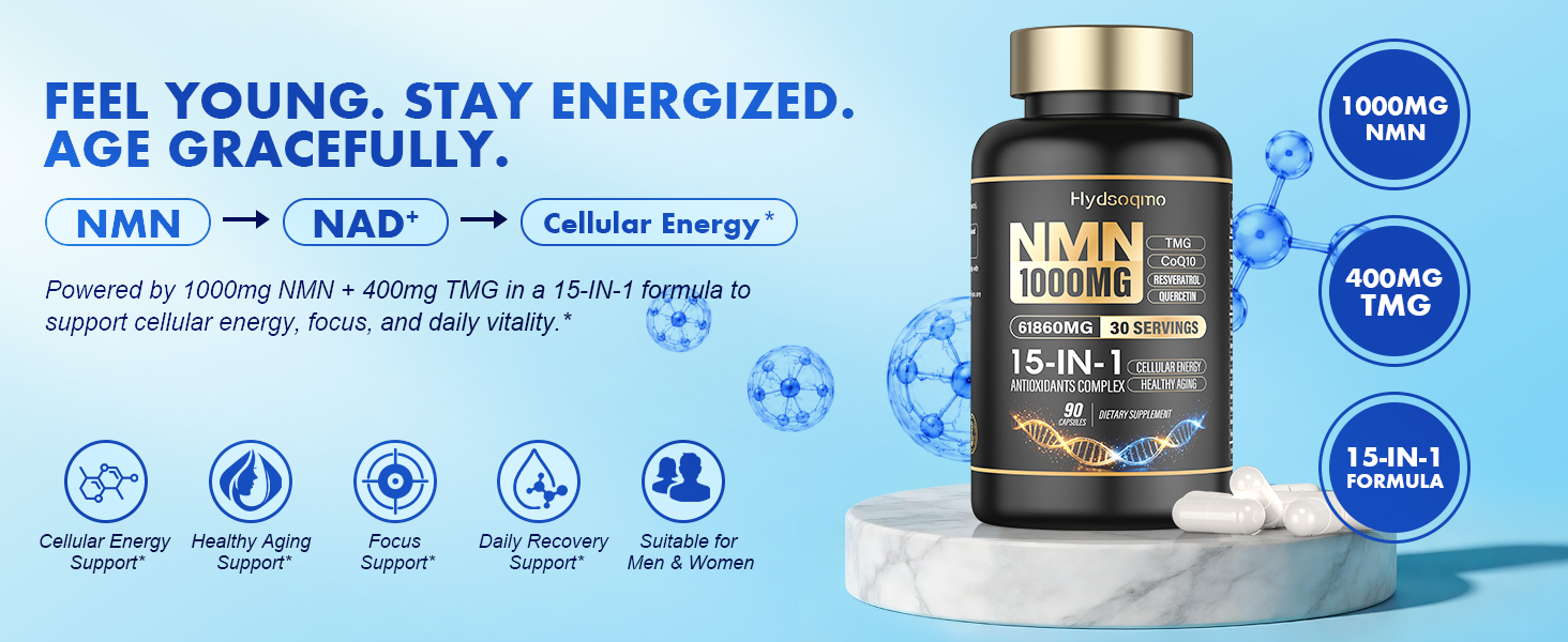 NMN Supplement 1000mg Per Serving with Resveratrol, TMG, Ubiquinol CoQ10, PQQ, Quercetin, Astragalus – NAD Resveratrol Supplement for Cellular Energy & Healthy Aging – NAD+ Supplement, 90 Count