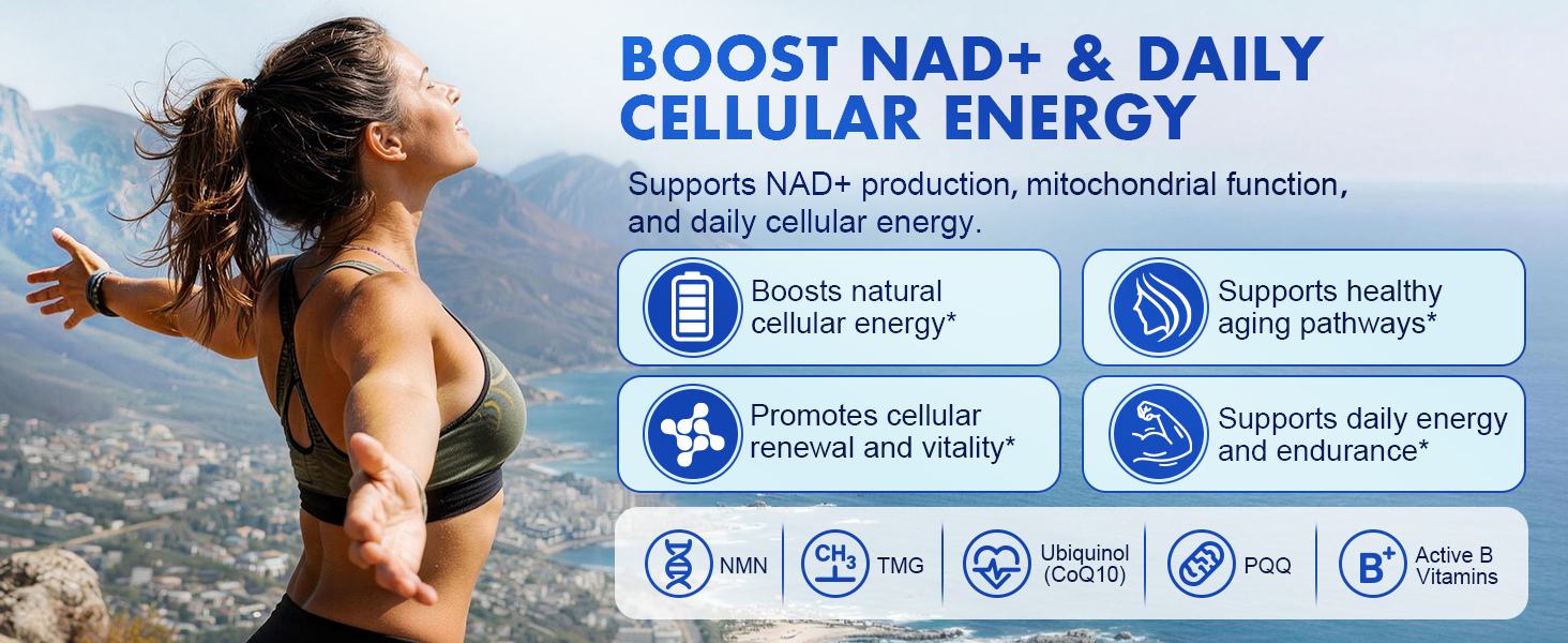 NMN Supplement 1000mg Per Serving with Resveratrol, TMG, Ubiquinol CoQ10, PQQ, Quercetin, Astragalus – NAD Resveratrol Supplement for Cellular Energy & Healthy Aging – NAD+ Supplement, 90 Count