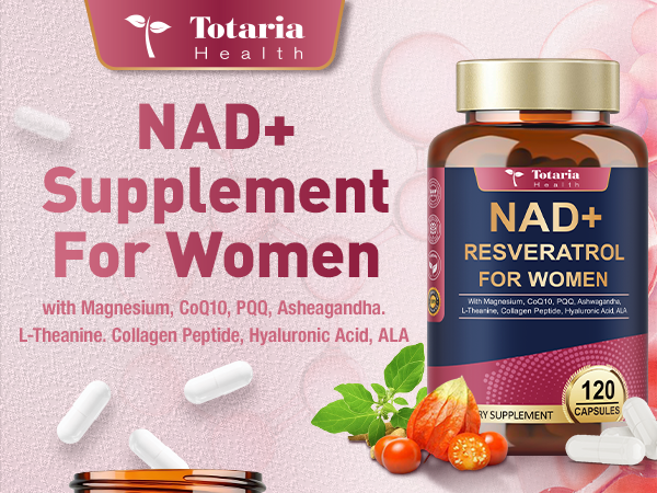 Totaria NAD+ Supplement for Women - NAD Trans-Resveratrol Supplement with Magnesium,CoQ10,PQQ, Ashwagandha,Collagen Peptide - NMN & NMNH Alternative - Cellular Renewal & Energy - 120 Capsules