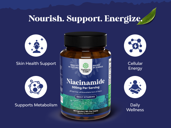 Niacinimide 500mg Capsules, Vitamin B3 NiacinamidaSupplement - 180 Count