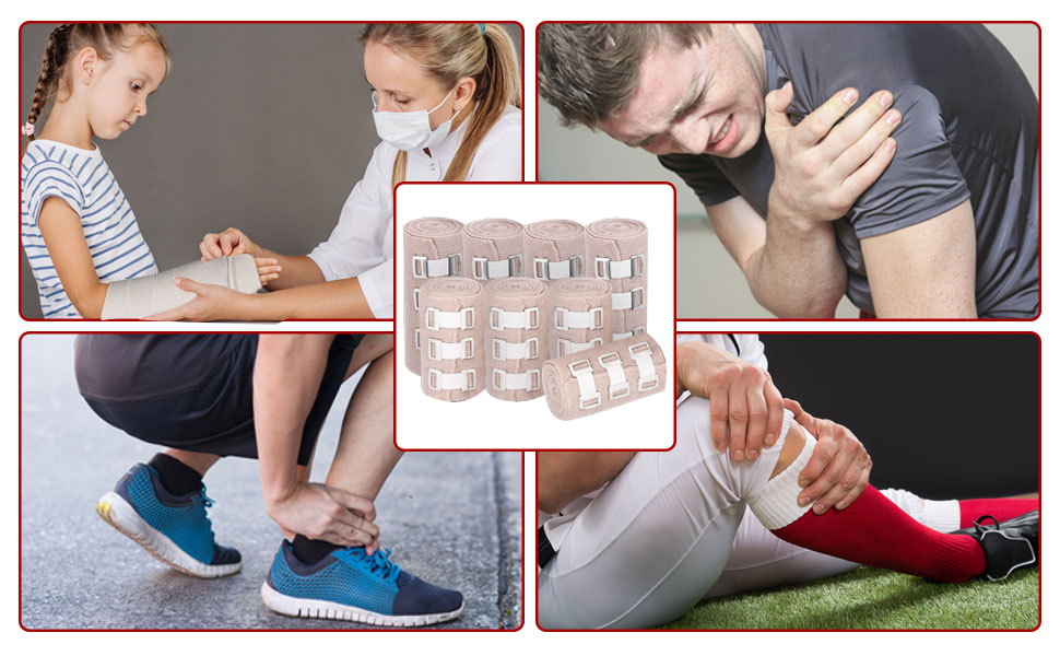 FRESINIDER Elastic Bandage Wrap 4 Pack(2 X 3" + 2 X 4" Wide Rolls) + 24 Clips | Stretch Compression Bandage Stretches up to 15ft | Ideal for Medical, Sports, Sprains, Calf, Ankle & Foot