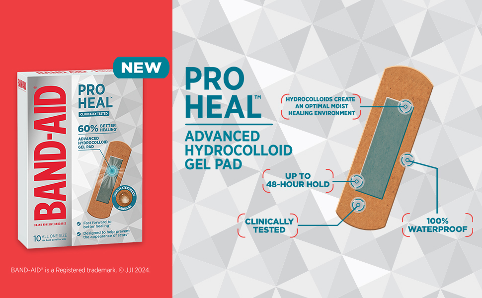 BAND-AID Pro Heal Adhesive Bandages, Regular Size, First Aid, Wound Care Dressing, Waterproof Healing Bandage, 10 Count