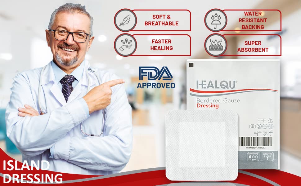 HEALQU Island Dressing - 4"x10", 30 Count - Bordered Gauze Sterile Individually Wrapped Gauze Pads, Water-Resistant, Non-Woven Backing - Soft and Breathable Wound Dressing for First Aid and Medical