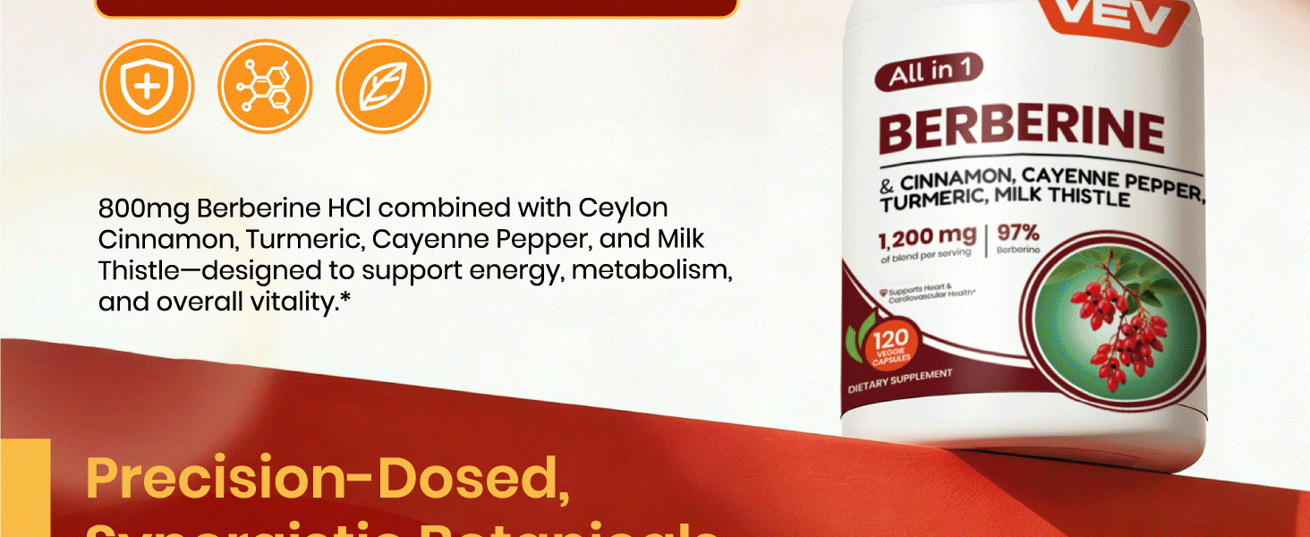 VEV Berberine Supplement with Ceylon Cinnamon, Cayenne Pepper, Turmeric, Milk Thistle – 120 Capsules
