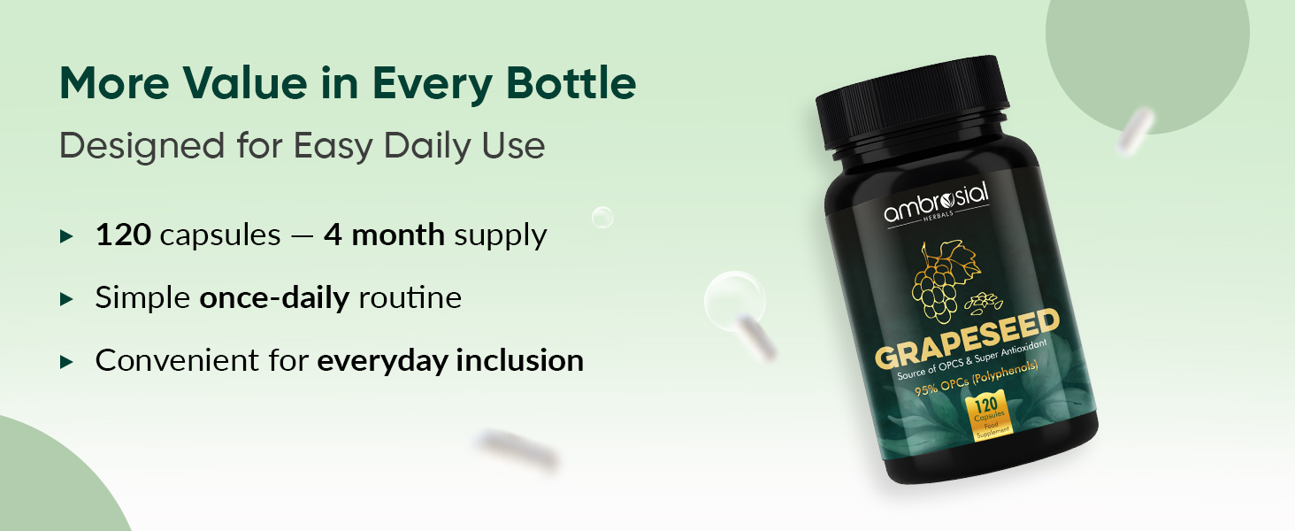Ambrosial Grape Seed Extract Capsules | 95% OPCs Polyphenols | High Strength Grape Seed Supplement | Strong Antioxidant | Pack of 1-120 Vegan Capsules