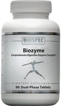 BIOZYME: Complete High Potency Digestive Enzyme Complex- Dual Phase tablets release Betaine HCl, Pepsin, Bromelain and Papain in the stomach, and Pancreatin, Trypsin, Chymotrypsin and Ox Bile in the duodenal region for maximum effectiveness. 90 Dual Phase Tablets 2