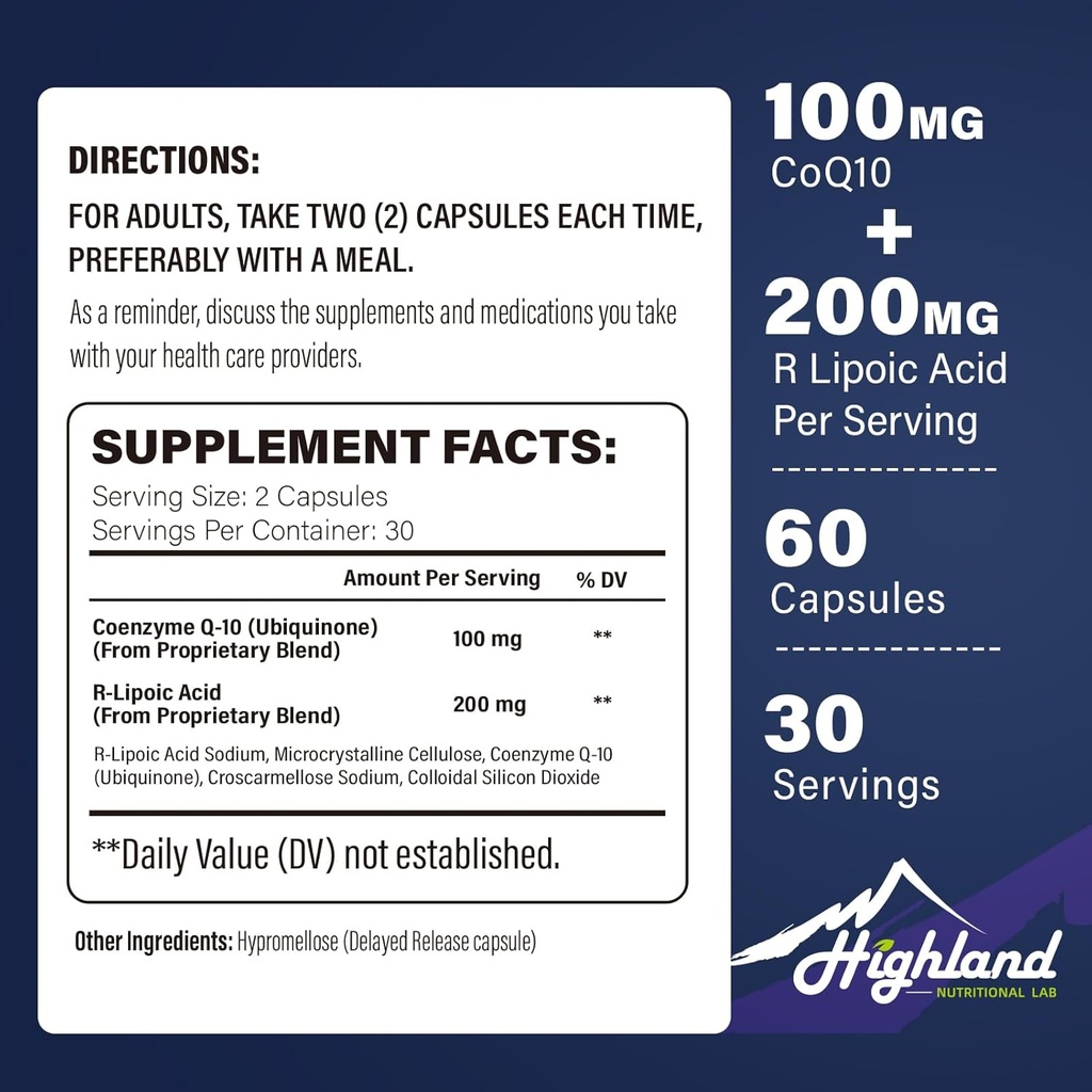 CoQ10 100mg + R-Lipoic Acid 200mg per Serving, 1 Month Supply, Up to 5X Improved Absorption, R-Lipoic Acid/CoQ10 Supplement for Heart Health and Cognitive Health-60 Capsules