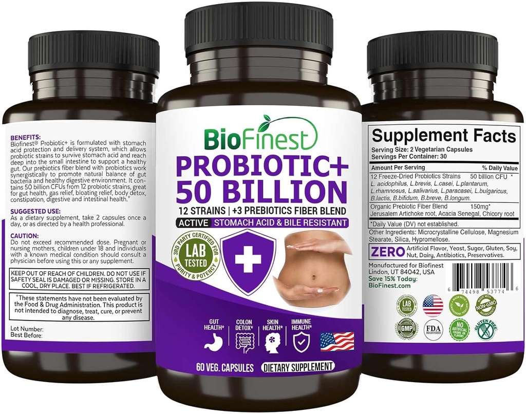 BioFinest Probiotic 50 Billion CFU Enzyme Supplement - 12 Probiotics Strains with 3 Natural Prebiotics - Gut Digestion Detox Gas Bloating Constipation - Acidophilus for Men Women (60 Veg. caps)