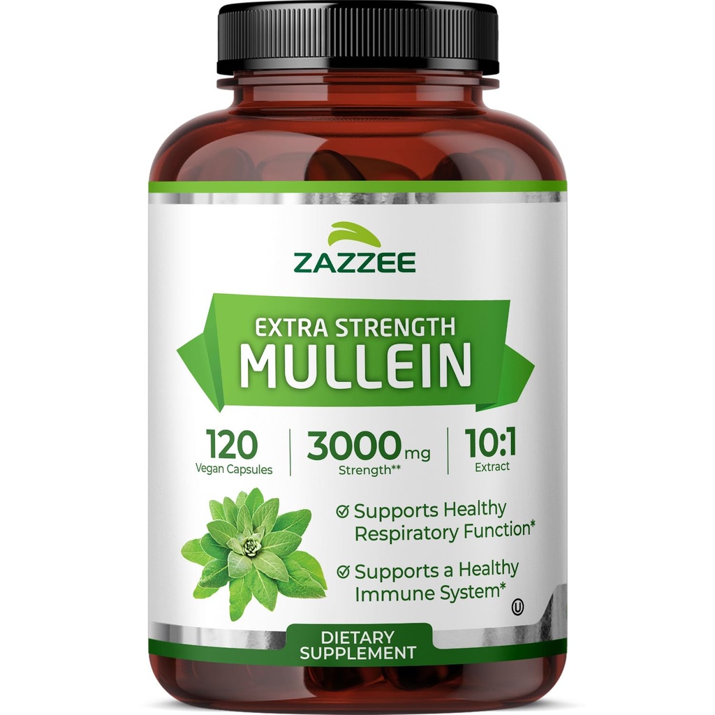 Zazzee Extra Strength Mullein 10:1 Ekstraksiyon, 3000 mg Güçlü, 120 Vegan Capsules, 4 Ay Supply, Standardized 10X Extract, 100% Pure Leaf Toz, All- Natural and Non-GMO, Made in the USA