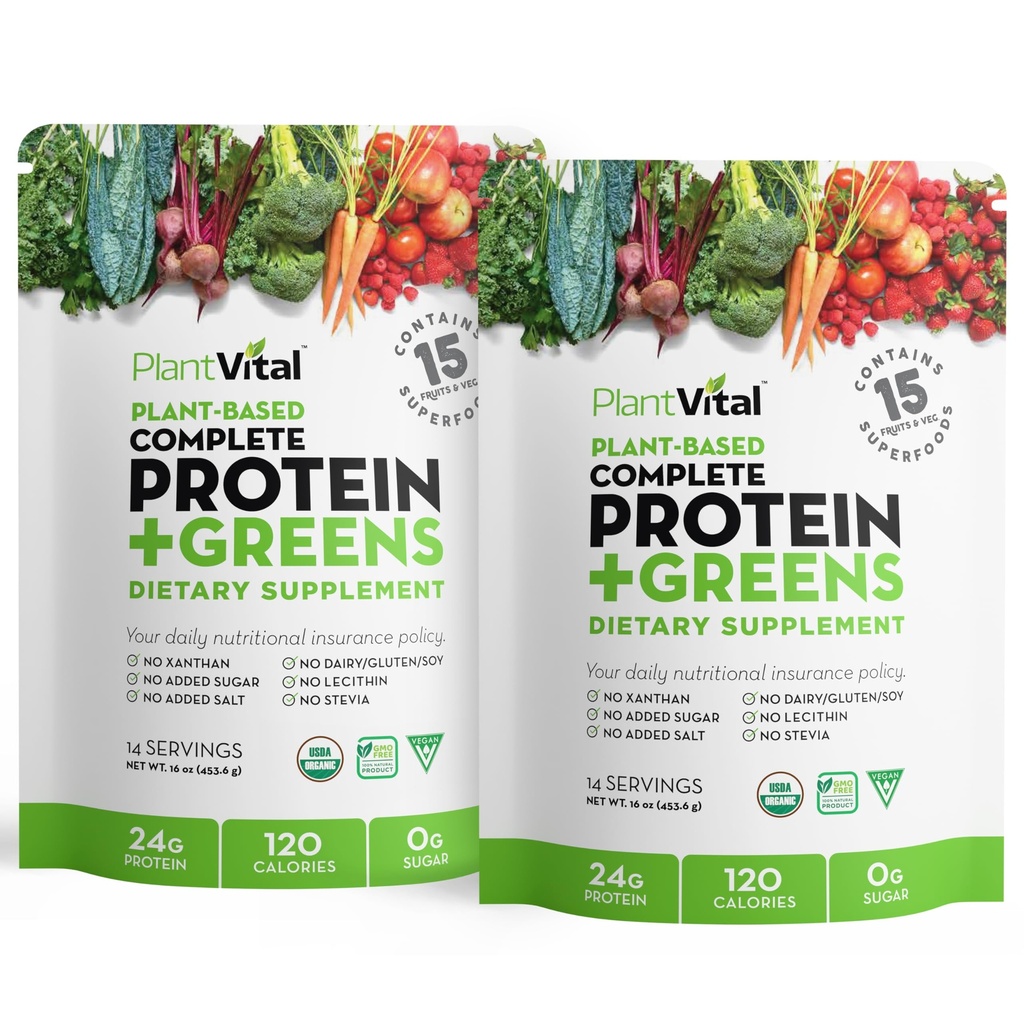 Plantvital Unflavored Organic Vegan protein Toz - 15 Süperfoods, Veggies ve Probiyotikler - Organik Plant bazlı Protein Toz - Tüm BCAA'lar, Gluten Free - 16oz (Pack of 2)