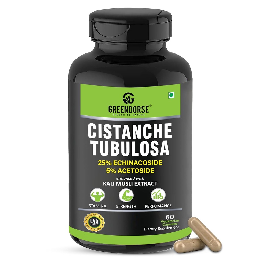 Organik Cistanche Tubulosa,% 25 Echinacoside'a standartlaştı, Kali Musli Ekstra 1000 mg 3rd Parti Güçlü, Performans, Vitality- 60 Veg Capsules