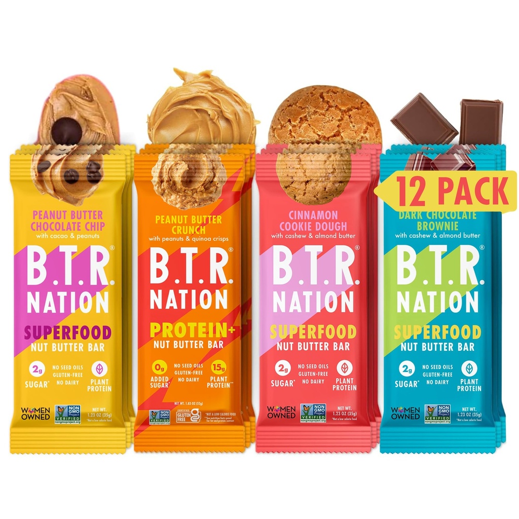B.T.R. Nation Superfood Keto protein Bar - Plantive Vegan Protein | (12 Pack) Çeşitli Paket | Low Carb Food, Low Calorie, Gluten Free, No Sugar Alkols, Superfoods ile güçlendirildi