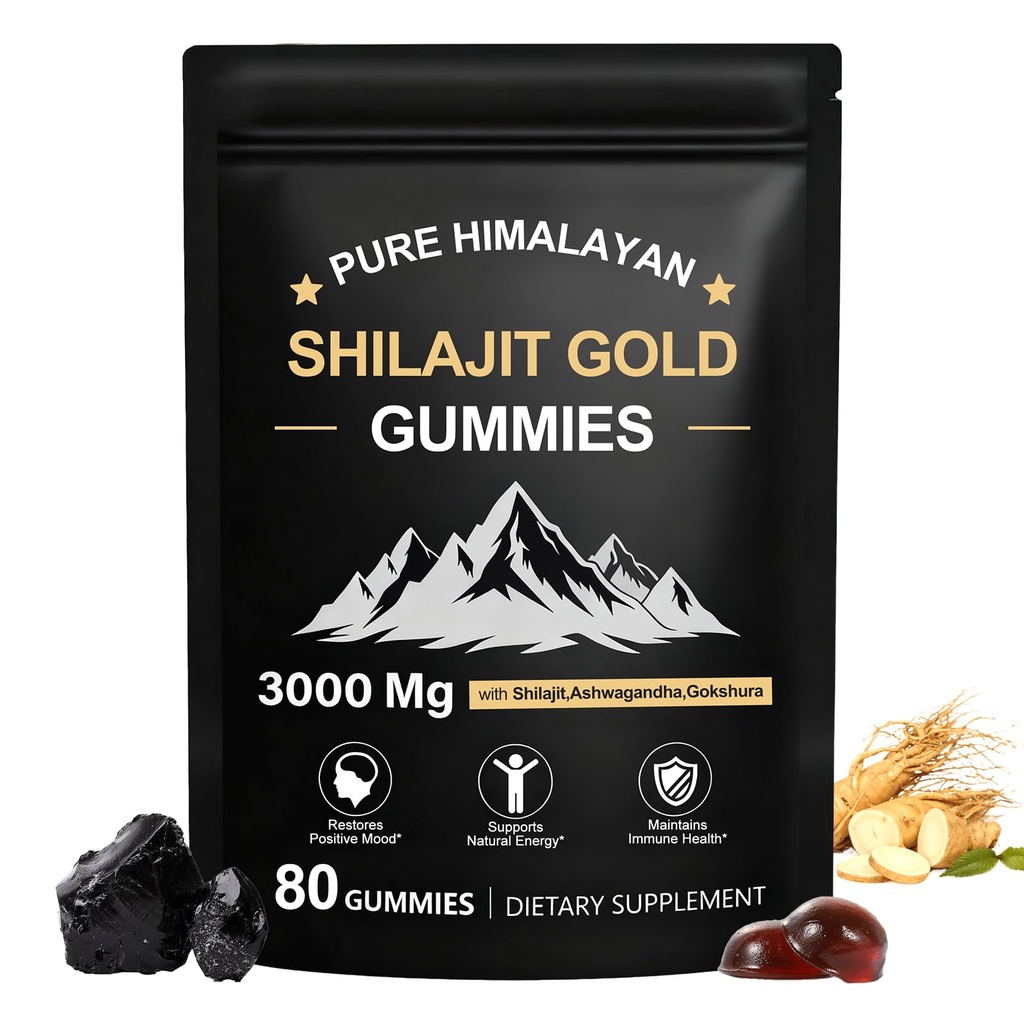 Shilajit Gummies, Pure Himalaya Shilajit Gummies Gold, No add Sugar Non-GMO 100% Natural & Organic, Ashwagandha, Gokshura| Fulvic Acid & 85+ Trace Minerals for Men, Women | 60 Gummy