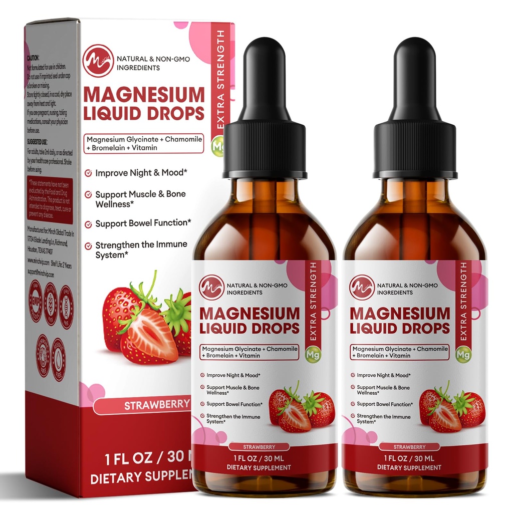M inç Glycinate Liquid, High Abvitamin Magnezyum Sıvı Hücre Fiber, Bromelain, Vitamin B6, C, D, çinko, Çocuklar ve Yetişkinler için Magnezyum Tamam, Strawberry Flavor, 2 Pack