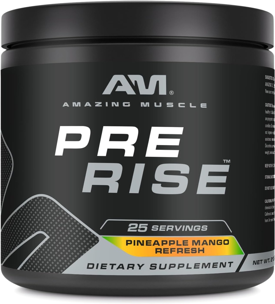 Amazing Muscle Pre Rise | Pre-Workout Toz Supplement with Caffeine & Beta-Alanine for Men & Women | 25 Servisler (25 Hizmetler, Pineapple Mango Reno)