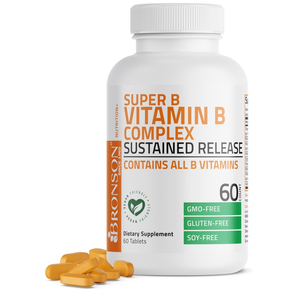 Bronson Super B Vitamin B Kompleks Sustained Slow (Vitamin B1, B2, B3, B6, B9 - Folic Acid, B12) Tüm B Vitaminleri 60 Tabletler