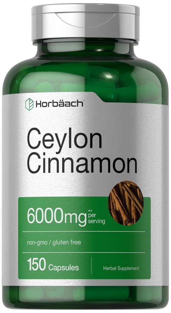 Horbäach Ceylon Cinnamon Capsules | 6000 mg | 150 Kont | Non-GMO & Gluten Free Supplement Supplement Supplement