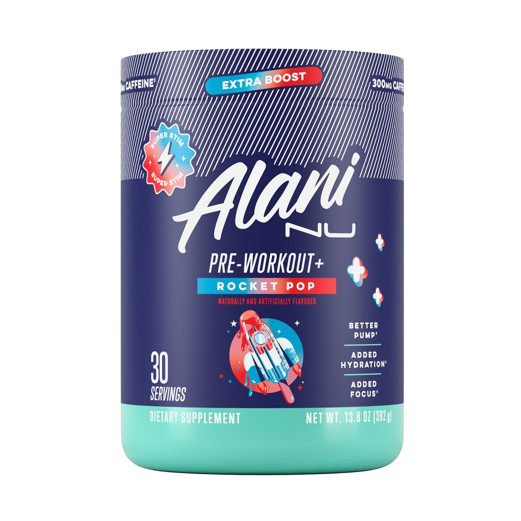 Alani Nu Pre Workout+ Toz Rocket POP, Ekstra Boost, Sugar Free, 300 mg Caffeine, L-Theanine, Beta-Alanine, Citrulline, 30 Hizmet