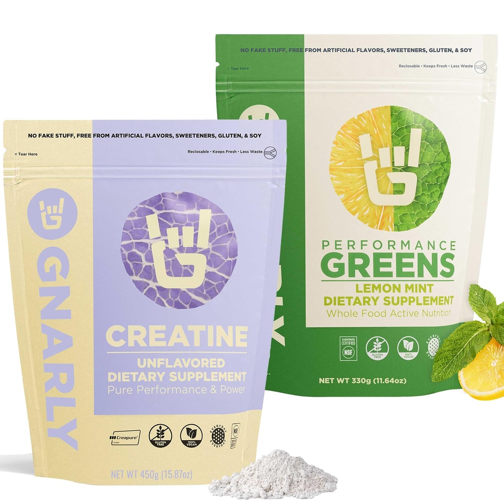 Gnarly Beslenme Kretine Toz, Unflavored (16.05oz) ve Gnarly Performans Yeşiller Limon Mint (11.64 oz)