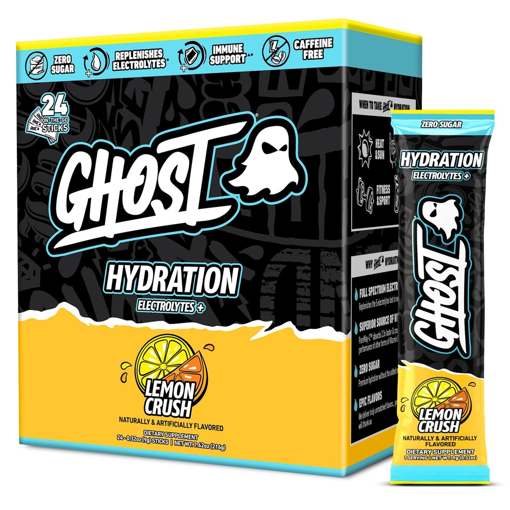 GHOST Hydration Sticks, Electrolyte Powder Packets, Lemon Crush - 24 Sugar Free Instant Electrolyte Drink Mix - Caffeine-Free Daily Hydration & Immune Support with Clean Formula