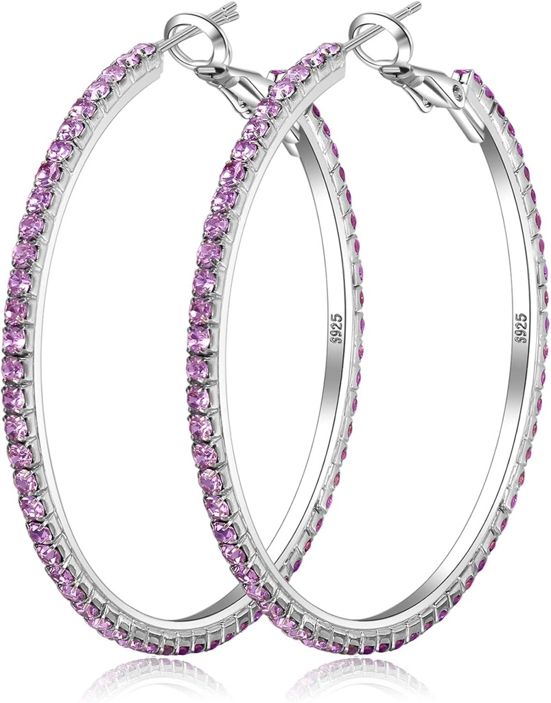 925 Sterling Silver Earrings Large Renstone Hoop Earrings Big Cubic Zirconia Hoop Earrings İnce Renstones Round Hoop Earrings for Women 20/30/40/50 / 70mm Coly Hoops Kadınlar için Kristallerle