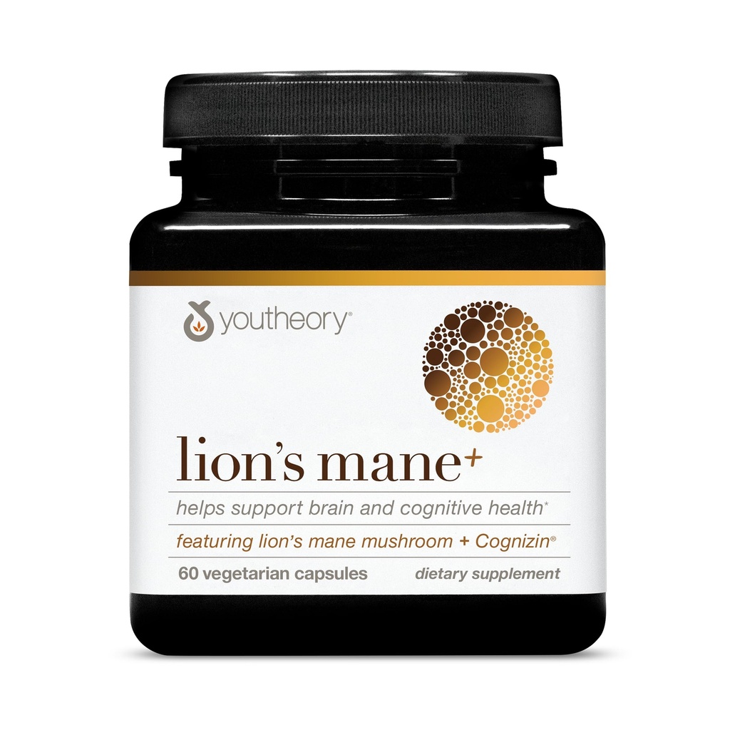 Youtheory Lion's Mane Plus - Mushroom Supplement with Cognizin - Offers Focus & Brain Support* - 60 Vegetarian Capsules