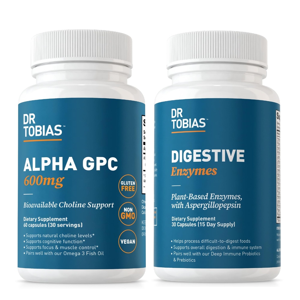 Dr. Tobias Alpha GPC & Digestive Enzymes - Bilişsel Fonksiyonlar ve Her Gün Gut Health with Bio available Choline Supplement & Premium Enzymes for Digestion, Non-GMOMO