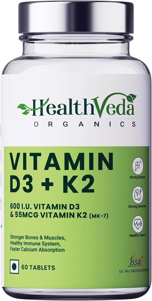 Organiks Vitamin D3 (600 IU) + Vitamin K2 MK7 Supplement (55mcg) | 60 Veg Tabletler | Sağlıklı Bones, Boosts Immune System & Joint Health | for Men & Women