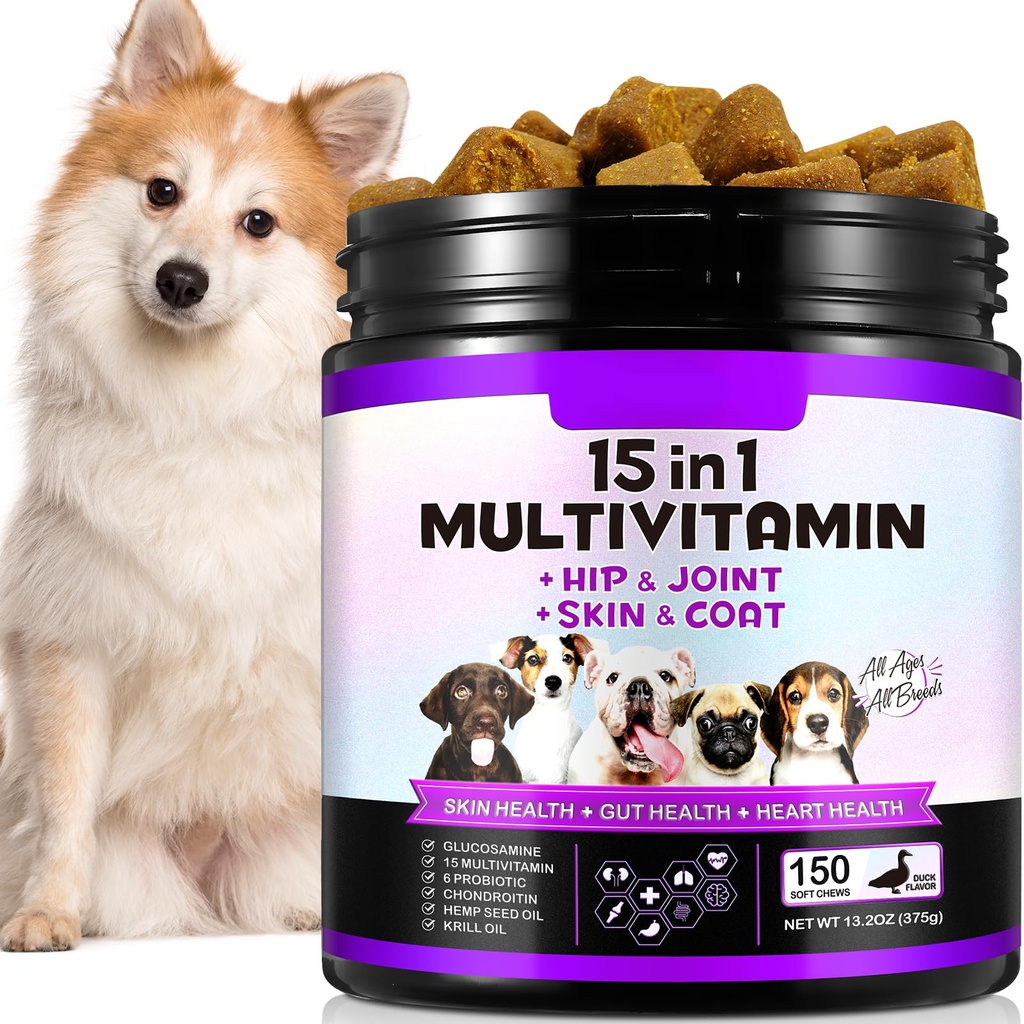 15in-1 Dog Multivitamin Supplements with Glucosamin & Probiyotiks,Doğal Günlük Vitaminler Köpekler için Chews,Pet Health Support-Skin-Immunity-Gut Digestion-Joint-Heart,150