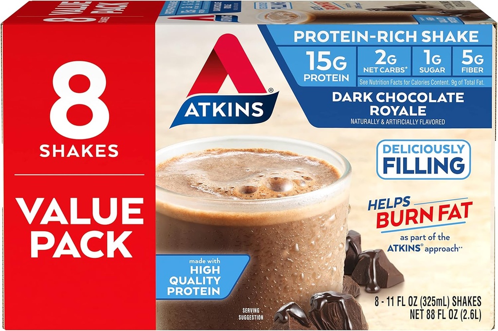 Atkins Gluten Ücretsiz Protein-Rich Shake, Dark Chocolate Royale, Keto-Friendly, 8 Kont (kahkaha)