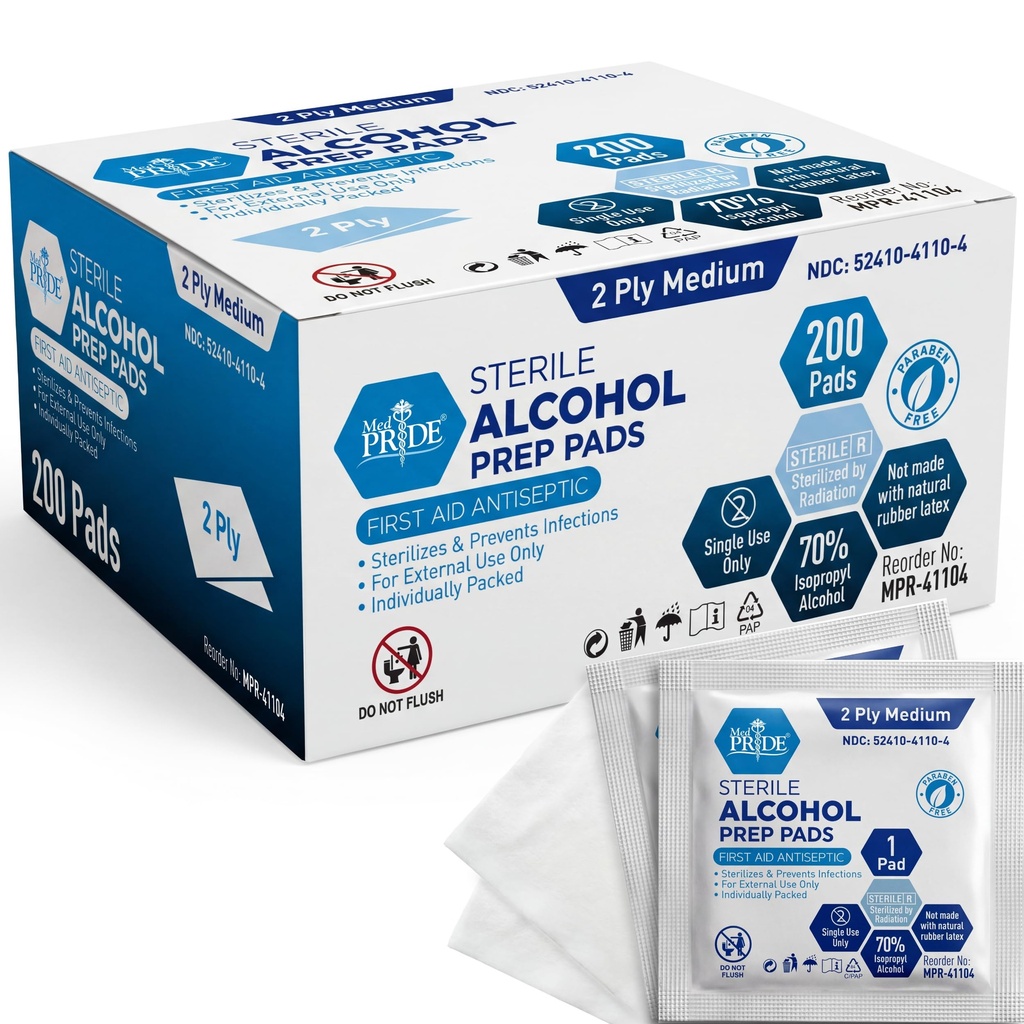 MED PRIDE Sterile Alkol Prep Pads, Antiseptic,% 70 Isopropyl, Bireysel olarak yuvarlandı, Medical Grade 2 Ply Wipes (200 $ 1) White)