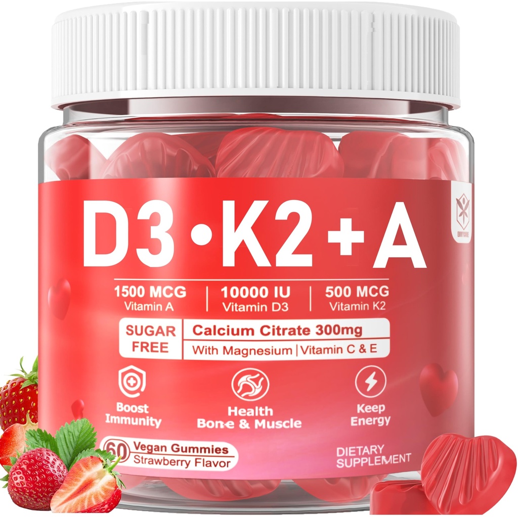 Vitamin D3 + K2 + A Gummies 5000IU/10000 IU - Vitamin D3 Con K2 Supplement with Calcium Magnesium Zinc, Vitamin C & E, High Dose Ultimate Absorbency for Bones, Muscles, Teeth, Vision, Vegan 2 Packs