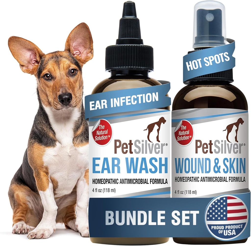PetSilver - Wound & Skin Spray (4 fl oz) and Ear Wash (8 fl oz) with Patented Chelated Silver - Wound Care, Hot Spot, & Itch Relief Spray - Ear Cleaner & Treatment for Cats and Dogs - Made in USA