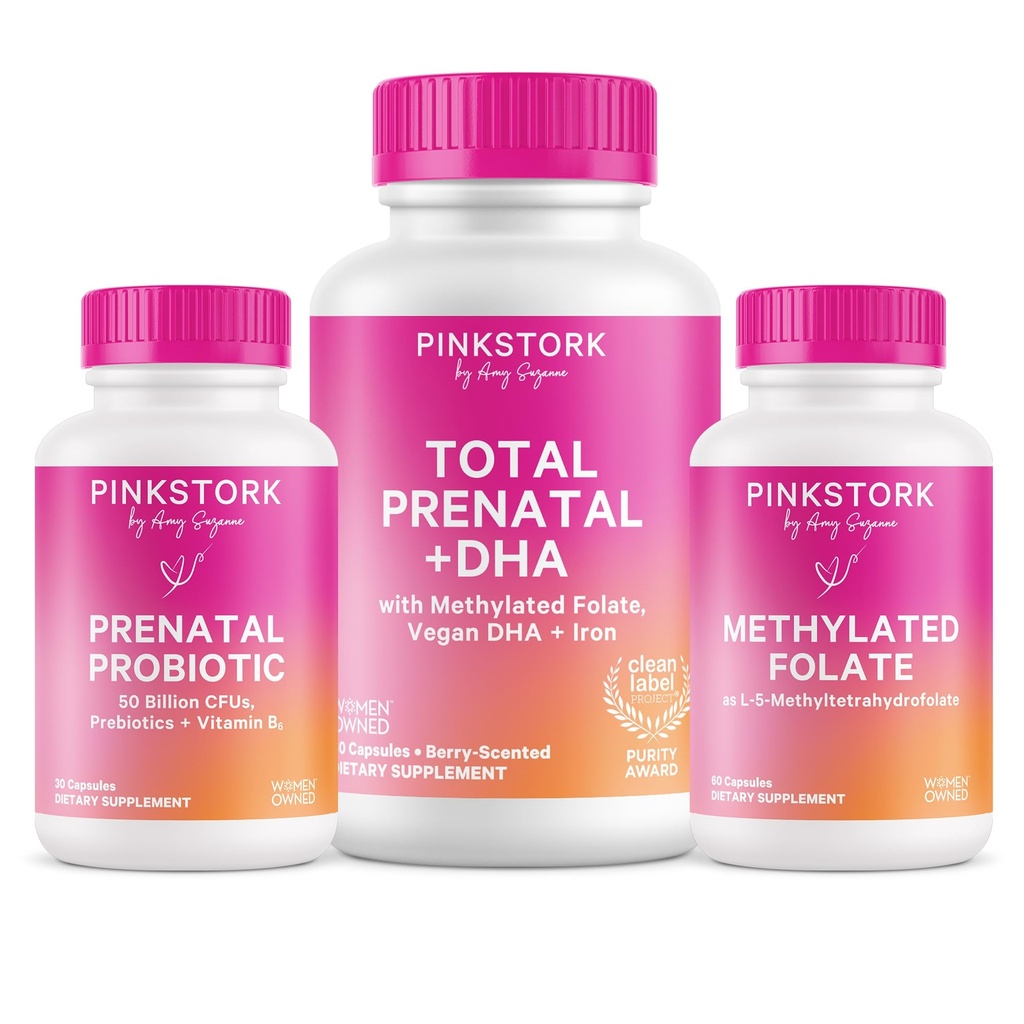 Pink Stork Total Prenatal, Probiotic & Methyl Folate – Pregnancy Wellness Bundle