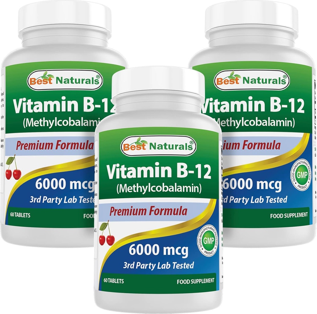 Best Naturals Vitamin B-12 as Methylcobalamin (Methyl B12), 6000 mcg 60 Sublingual Tablets (60 Count (Pack of 3))