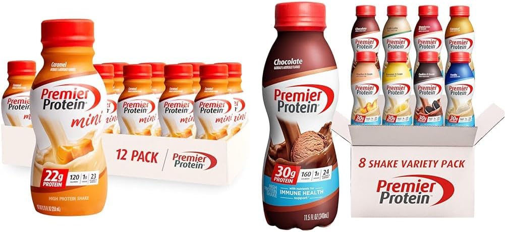 Premier protein Shake MINIs Caramel 22g protein 120 Calorie 12 & Protein Shake 8 Flavor Çeşitli Paketi 30g Protein 24 Vitamin & Minerals