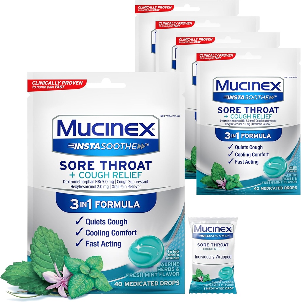 Mucinex InstaSoothe Sore Throat + Cough Relief Alpine Herbs & Mint Flavor, Fast Acting, Cooling Comfort, Powerful Sore Throat Oral Pain Reliever, 40 Medicated Drops (40 Count (Pack of 5))
